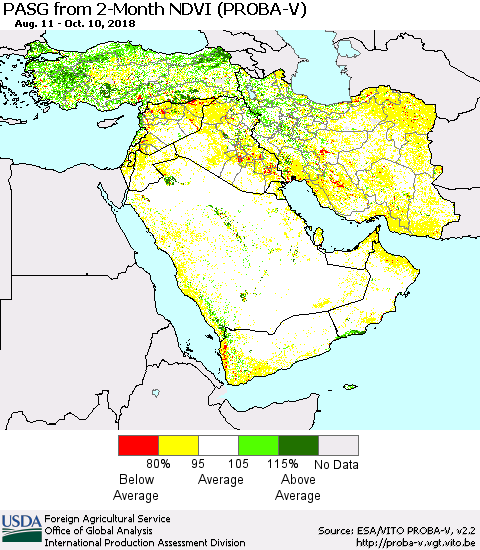 Middle East and Turkey PASG from 2-Month NDVI (PROBA-V) Thematic Map For 10/1/2018 - 10/10/2018