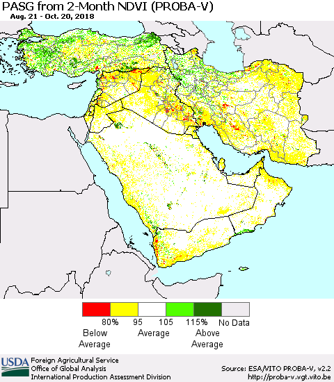 Middle East and Turkey PASG from 2-Month NDVI (PROBA-V) Thematic Map For 10/11/2018 - 10/20/2018