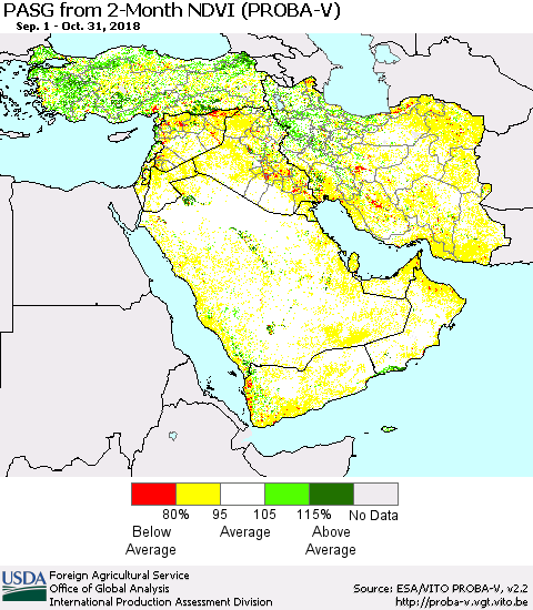 Middle East and Turkey PASG from 2-Month NDVI (PROBA-V) Thematic Map For 10/21/2018 - 10/31/2018
