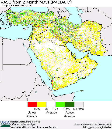 Middle East and Turkey PASG from 2-Month NDVI (PROBA-V) Thematic Map For 11/1/2018 - 11/10/2018