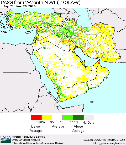 Middle East and Turkey PASG from 2-Month NDVI (PROBA-V) Thematic Map For 11/11/2018 - 11/20/2018