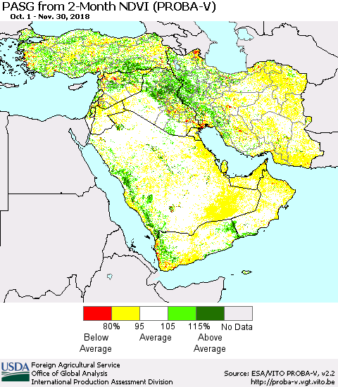 Middle East and Turkey PASG from 2-Month NDVI (PROBA-V) Thematic Map For 11/21/2018 - 11/30/2018