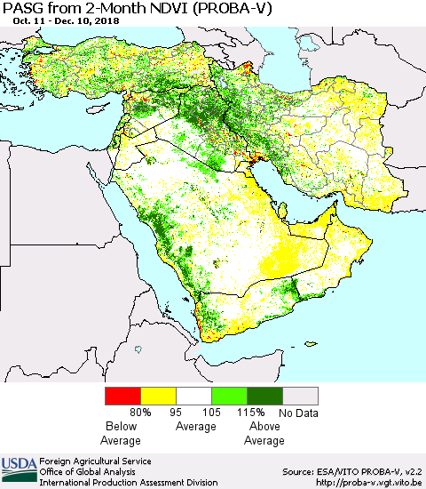 Middle East and Turkey PASG from 2-Month NDVI (PROBA-V) Thematic Map For 12/1/2018 - 12/10/2018