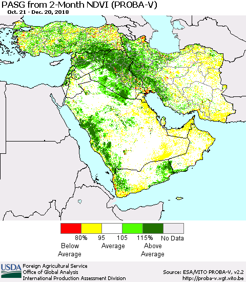 Middle East and Turkey PASG from 2-Month NDVI (PROBA-V) Thematic Map For 12/11/2018 - 12/20/2018