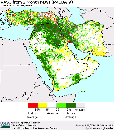 Middle East and Turkey PASG from 2-Month NDVI (PROBA-V) Thematic Map For 1/11/2019 - 1/20/2019