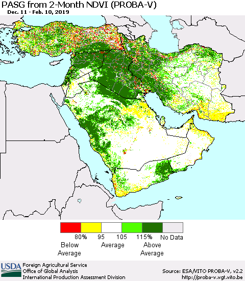 Middle East and Turkey PASG from 2-Month NDVI (PROBA-V) Thematic Map For 2/1/2019 - 2/10/2019