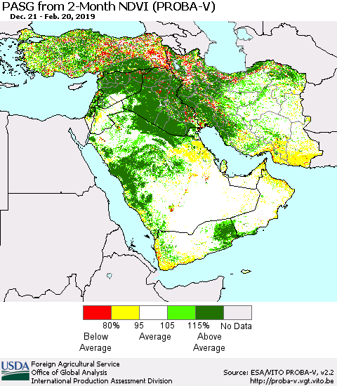 Middle East and Turkey PASG from 2-Month NDVI (PROBA-V) Thematic Map For 2/11/2019 - 2/20/2019