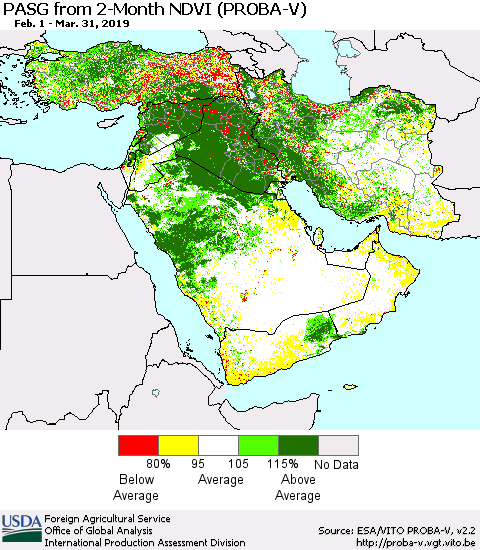 Middle East and Turkey PASG from 2-Month NDVI (PROBA-V) Thematic Map For 3/21/2019 - 3/31/2019
