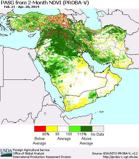 Middle East and Turkey PASG from 2-Month NDVI (PROBA-V) Thematic Map For 4/11/2019 - 4/20/2019