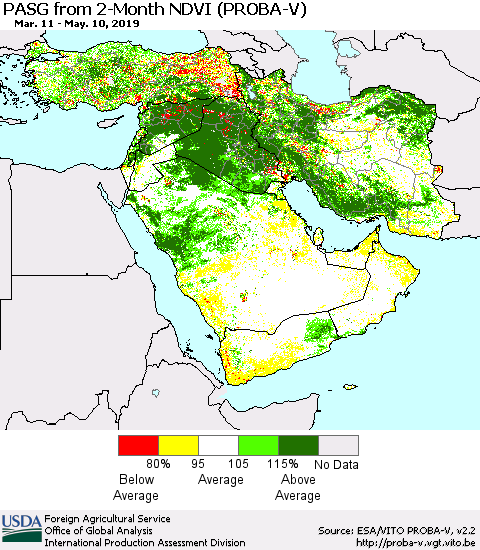 Middle East and Turkey PASG from 2-Month NDVI (PROBA-V) Thematic Map For 5/1/2019 - 5/10/2019