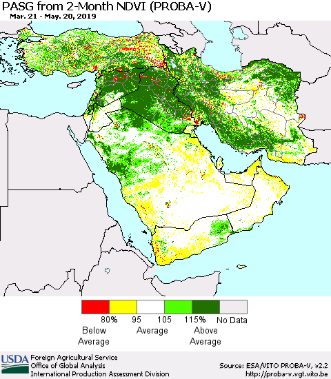 Middle East and Turkey PASG from 2-Month NDVI (PROBA-V) Thematic Map For 5/11/2019 - 5/20/2019