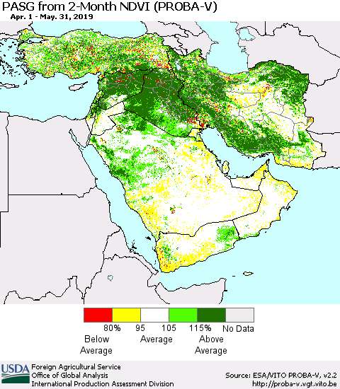 Middle East and Turkey PASG from 2-Month NDVI (PROBA-V) Thematic Map For 5/21/2019 - 5/31/2019