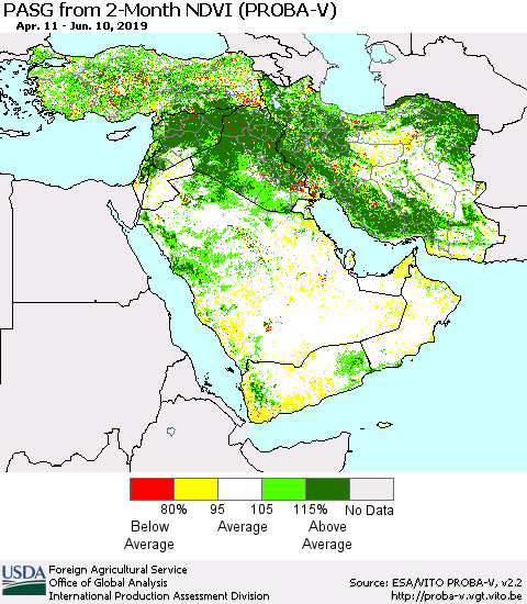 Middle East and Turkey PASG from 2-Month NDVI (PROBA-V) Thematic Map For 6/1/2019 - 6/10/2019