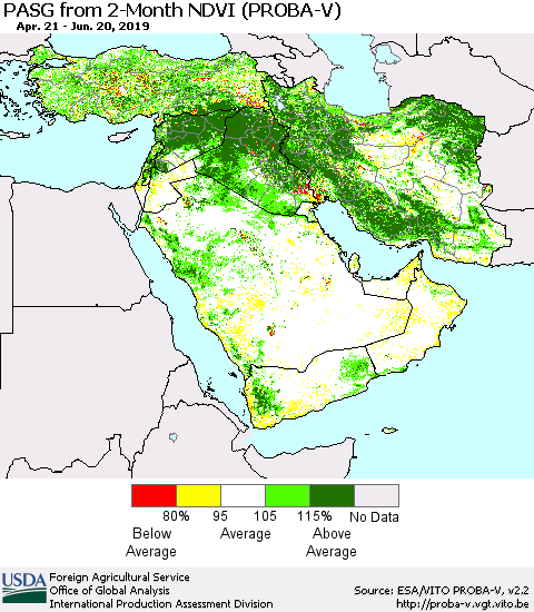 Middle East and Turkey PASG from 2-Month NDVI (PROBA-V) Thematic Map For 6/11/2019 - 6/20/2019