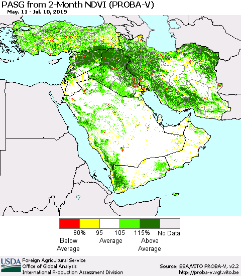 Middle East and Turkey PASG from 2-Month NDVI (PROBA-V) Thematic Map For 7/1/2019 - 7/10/2019