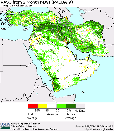 Middle East and Turkey PASG from 2-Month NDVI (PROBA-V) Thematic Map For 7/11/2019 - 7/20/2019