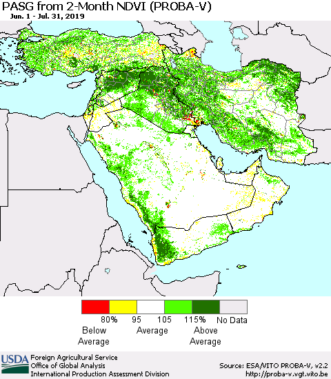 Middle East and Turkey PASG from 2-Month NDVI (PROBA-V) Thematic Map For 7/21/2019 - 7/31/2019