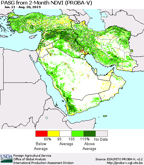 Middle East and Turkey PASG from 2-Month NDVI (PROBA-V) Thematic Map For 8/11/2019 - 8/20/2019