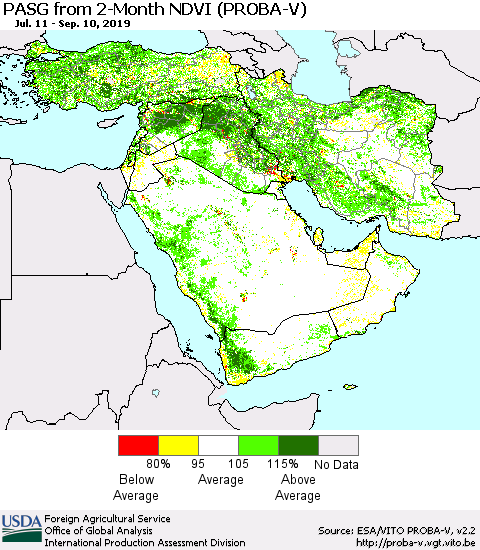 Middle East and Turkey PASG from 2-Month NDVI (PROBA-V) Thematic Map For 9/1/2019 - 9/10/2019