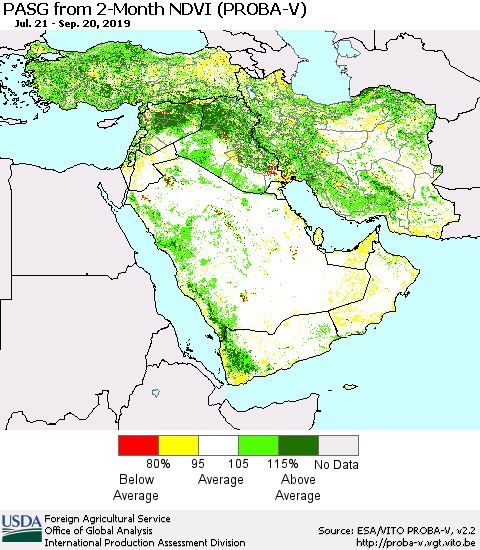 Middle East and Turkey PASG from 2-Month NDVI (PROBA-V) Thematic Map For 9/11/2019 - 9/20/2019