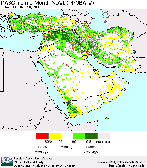 Middle East and Turkey PASG from 2-Month NDVI (PROBA-V) Thematic Map For 10/1/2019 - 10/10/2019