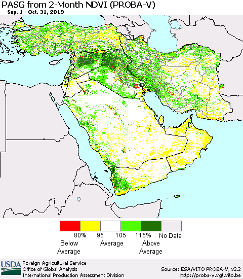 Middle East and Turkey PASG from 2-Month NDVI (PROBA-V) Thematic Map For 10/21/2019 - 10/31/2019