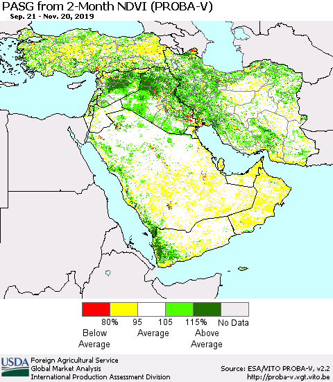 Middle East and Turkey PASG from 2-Month NDVI (PROBA-V) Thematic Map For 11/11/2019 - 11/20/2019