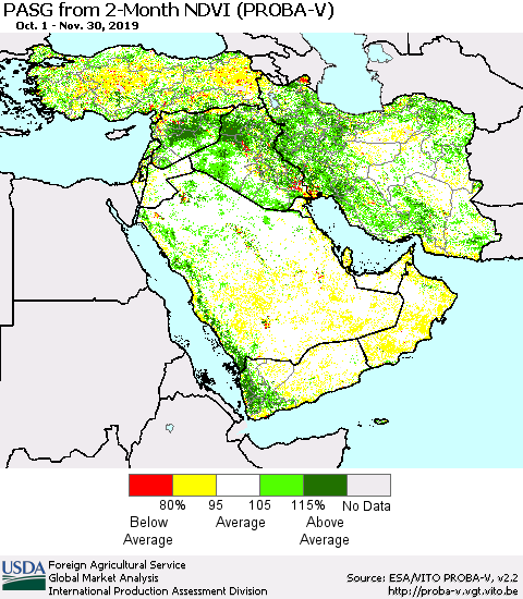 Middle East and Turkey PASG from 2-Month NDVI (PROBA-V) Thematic Map For 11/21/2019 - 11/30/2019