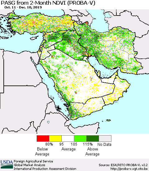 Middle East and Turkey PASG from 2-Month NDVI (PROBA-V) Thematic Map For 12/1/2019 - 12/10/2019