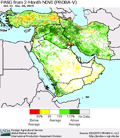 Middle East and Turkey PASG from 2-Month NDVI (PROBA-V) Thematic Map For 12/11/2019 - 12/20/2019