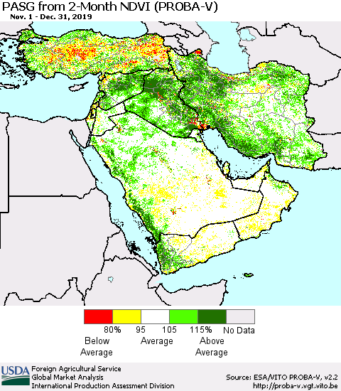 Middle East and Turkey PASG from 2-Month NDVI (PROBA-V) Thematic Map For 12/21/2019 - 12/31/2019