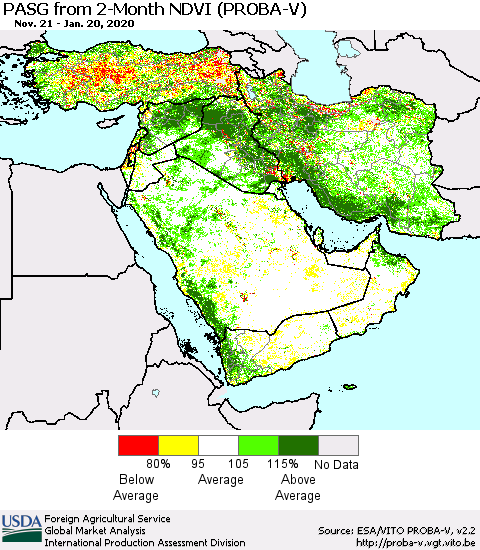 Middle East and Turkey PASG from 2-Month NDVI (PROBA-V) Thematic Map For 1/11/2020 - 1/20/2020