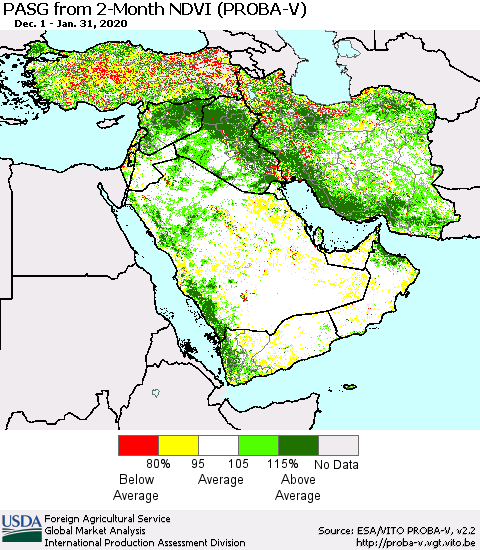 Middle East and Turkey PASG from 2-Month NDVI (PROBA-V) Thematic Map For 1/21/2020 - 1/31/2020
