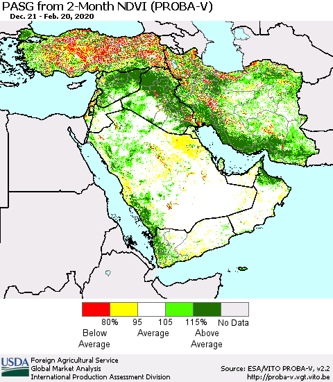 Middle East and Turkey PASG from 2-Month NDVI (PROBA-V) Thematic Map For 2/11/2020 - 2/20/2020