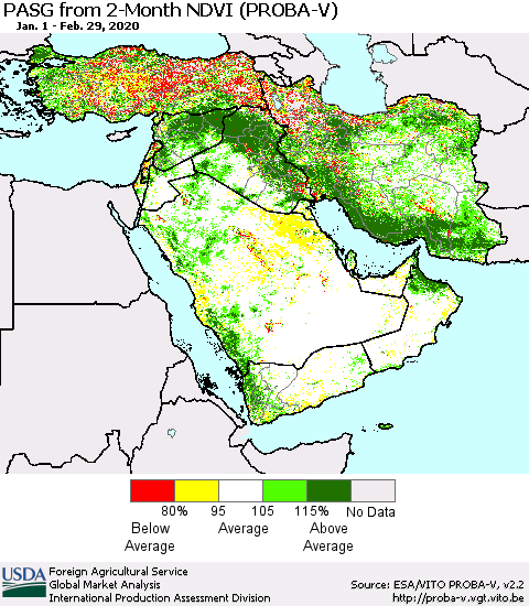 Middle East and Turkey PASG from 2-Month NDVI (PROBA-V) Thematic Map For 2/21/2020 - 2/29/2020