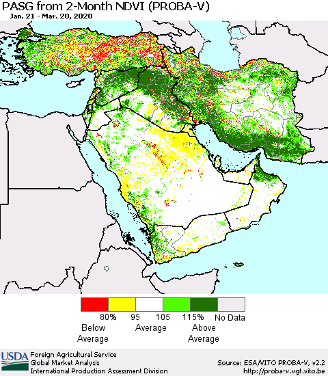 Middle East and Turkey PASG from 2-Month NDVI (PROBA-V) Thematic Map For 3/11/2020 - 3/20/2020