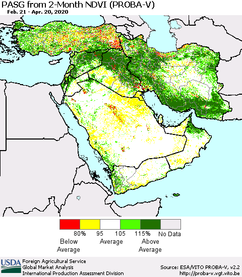 Middle East and Turkey PASG from 2-Month NDVI (PROBA-V) Thematic Map For 4/11/2020 - 4/20/2020
