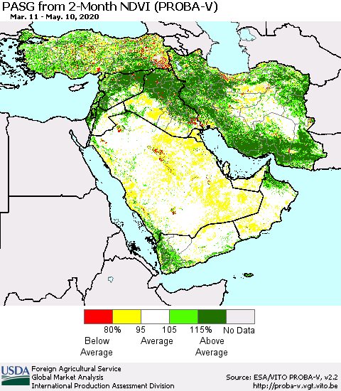 Middle East and Turkey PASG from 2-Month NDVI (PROBA-V) Thematic Map For 5/1/2020 - 5/10/2020