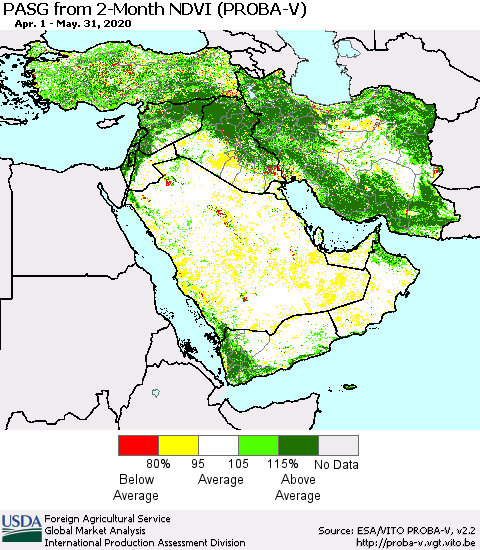 Middle East and Turkey PASG from 2-Month NDVI (PROBA-V) Thematic Map For 5/21/2020 - 5/31/2020