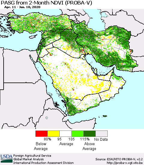 Middle East and Turkey PASG from 2-Month NDVI (PROBA-V) Thematic Map For 6/1/2020 - 6/10/2020