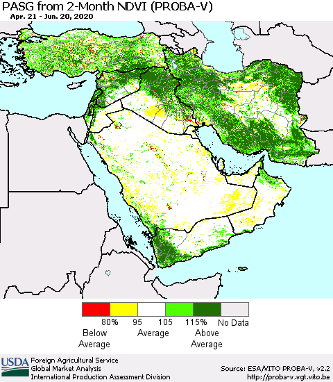 Middle East and Turkey PASG from 2-Month NDVI (PROBA-V) Thematic Map For 6/11/2020 - 6/20/2020
