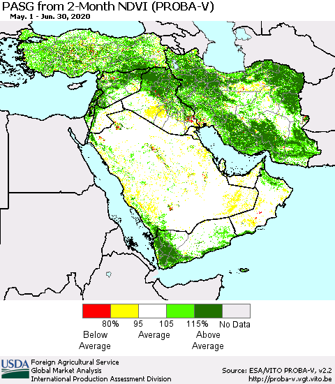 Middle East and Turkey PASG from 2-Month NDVI (PROBA-V) Thematic Map For 6/21/2020 - 6/30/2020