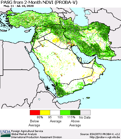 Middle East and Turkey PASG from 2-Month NDVI (PROBA-V) Thematic Map For 7/1/2020 - 7/10/2020