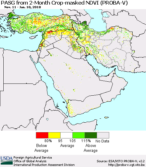 Middle East and Turkey PASG from 2-Month Crop-masked NDVI (PROBA-V) Thematic Map For 1/1/2018 - 1/10/2018
