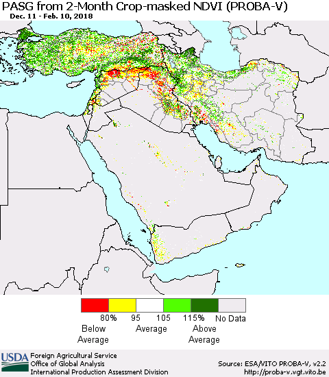 Middle East and Turkey PASG from 2-Month Crop-masked NDVI (PROBA-V) Thematic Map For 2/1/2018 - 2/10/2018