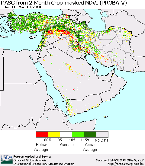 Middle East and Turkey PASG from 2-Month Crop-masked NDVI (PROBA-V) Thematic Map For 3/1/2018 - 3/10/2018