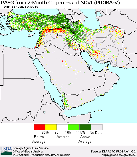 Middle East and Turkey PASG from 2-Month Crop-masked NDVI (PROBA-V) Thematic Map For 6/1/2018 - 6/10/2018