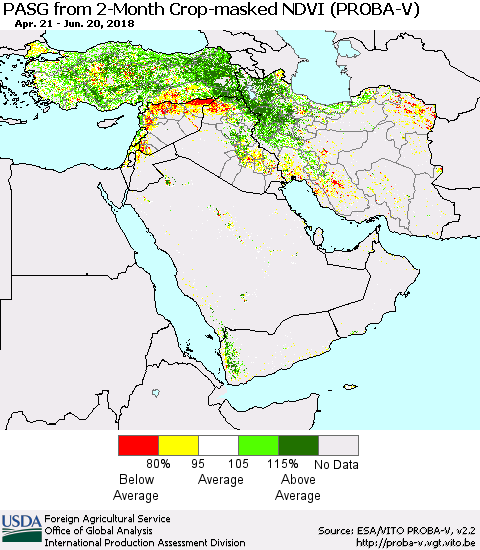 Middle East and Turkey PASG from 2-Month Crop-masked NDVI (PROBA-V) Thematic Map For 6/11/2018 - 6/20/2018