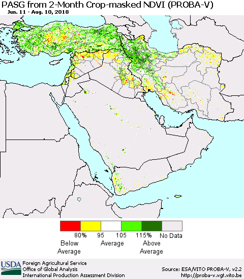 Middle East and Turkey PASG from 2-Month Crop-masked NDVI (PROBA-V) Thematic Map For 8/1/2018 - 8/10/2018