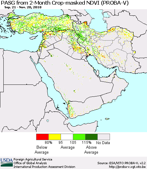 Middle East and Turkey PASG from 2-Month Crop-masked NDVI (PROBA-V) Thematic Map For 11/11/2018 - 11/20/2018